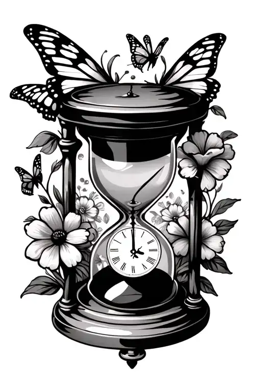 Old Hourglass With Clock Inside And Flowers And Butterflies
