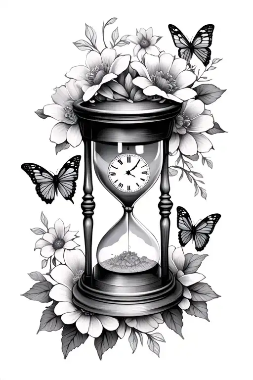 Hourglass With Clock And Flowers And Butterflies