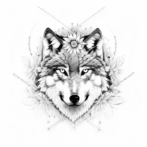 Wolf With Flowers And Barb Wire