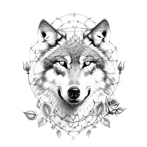 Wolf With Roses And Barb Wire