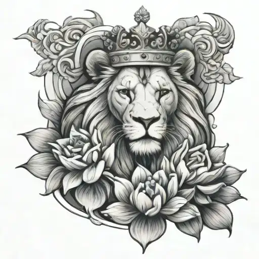 Lion With The Crown Inside Of A Lotus Flowers