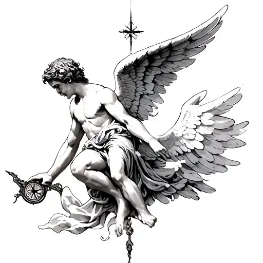 A Male Angel Who Falls Downwind Tending An Arm Towards A Compass