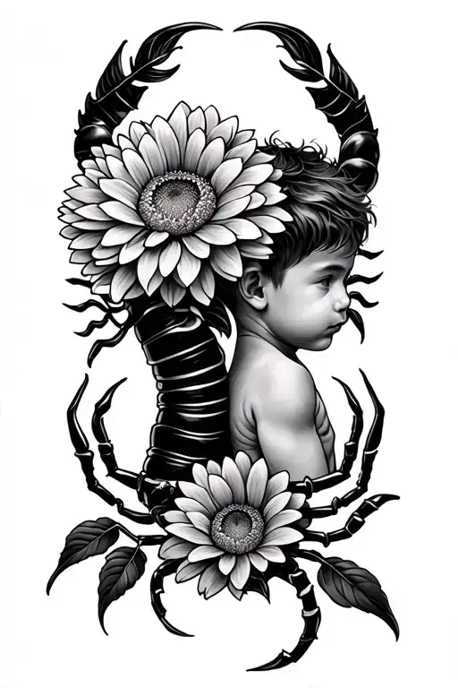 Tattoo Representing 2 Young Brothers Born Under The Astrological Sign Of Scorpion With Chrysanthemum