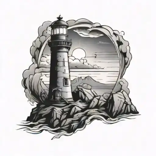 Lighthouse With Anchor And Rocks And Light Shining Like A Halo
