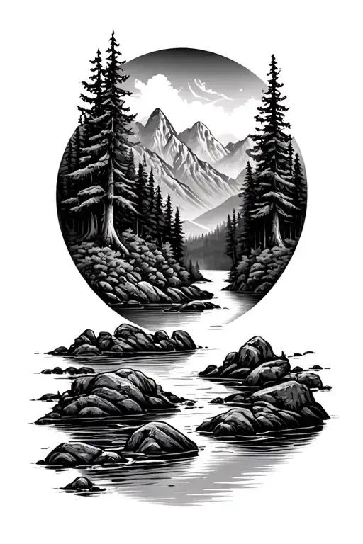 River Flowing Mountains Panorama Forest Scene