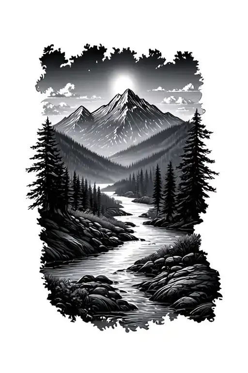 River Flowing Mountains Panorama Forest Scene Sun Shining Through