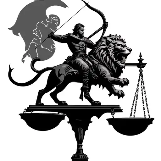 A Serious Archer Riding A Fierce Lion With The Justice Weighing Scale As Background