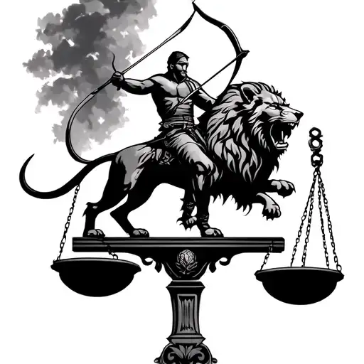 A Serious Archer Riding A Fierce Lion With The Justice Weighing Scale As Background