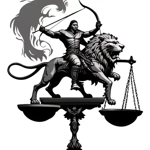 A Serious Archer Riding A Fierce Lion With The Justice Weighing Scale As Background