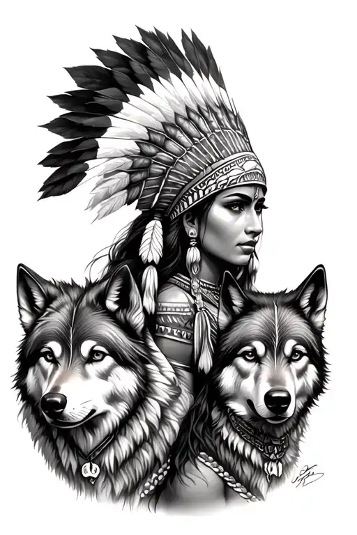 Indian Femal Warrior With Headdress With Wolves