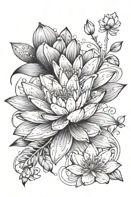 Water Lilly & Cosmos Flowers Entwined Tattoo Design