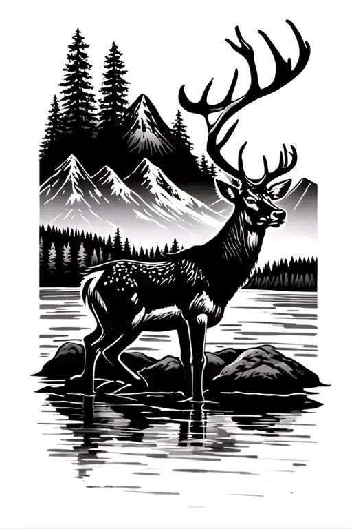Deer With A River And Mountain Range In The Background