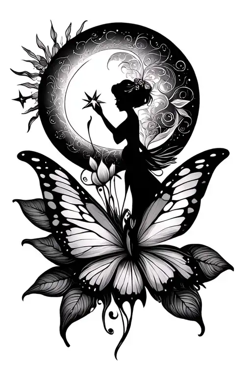 Fineline Back Lotus Blossom Butterfly Sun Moon Star Tinkerbell