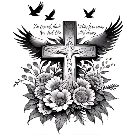 Cross Coming Out Of Flowers With Doves Flying Above With A Bible Quote Above The Cross