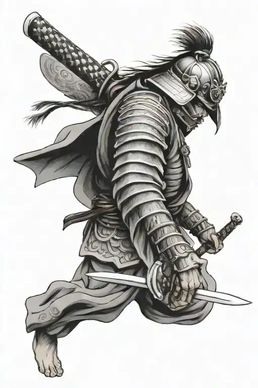 A Samurai Waking Away From A Japanese Sword With A Helmet On