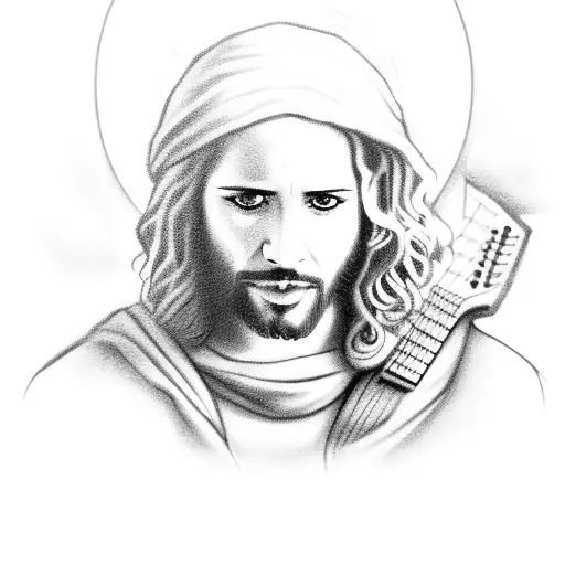 A Black And Grey Portrait Of Jesus Playing A Guitar