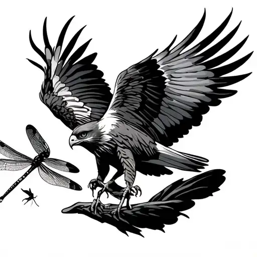 Red Tail Hawk And Dragonfly Flying