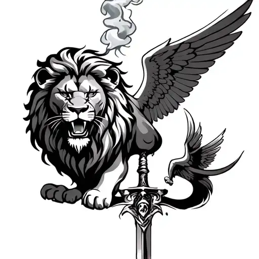 Lion With A Grin Around Smoke Below An Angel With A Sword