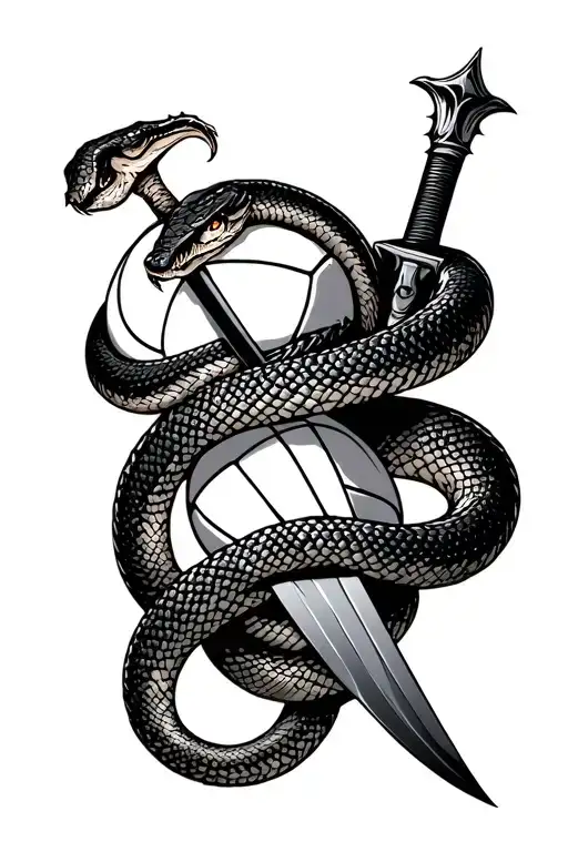 Sword With Realistic Snake Wrapped And Volley Ball