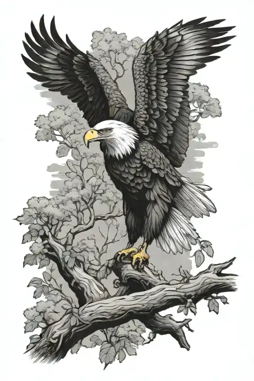 Eagle Perched On Tree Scene