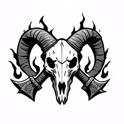 Ram Skull With Viking Axes And Flames