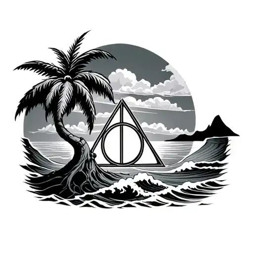 Deathly Hallows With Palm Tree And Ocean Wave