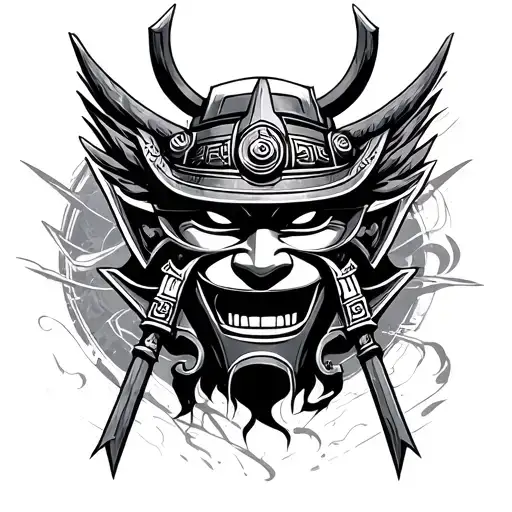 Random Meaningful Signs And Sketches As A Background And A Samurai Mask On Top