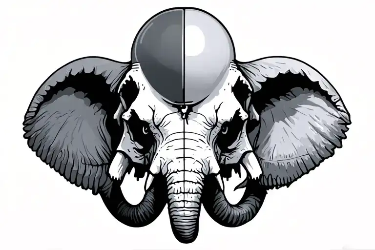 An Elephant Skull Next To A Dinosaur Skull And A Balloon In Half