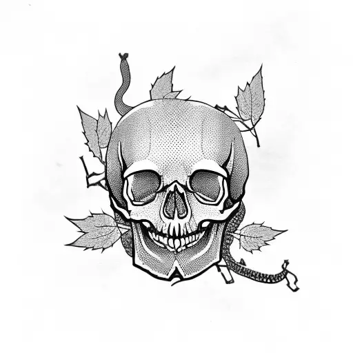 Skull Amongst Cherry Blossoms And Maple Leaves With A Snake Through It