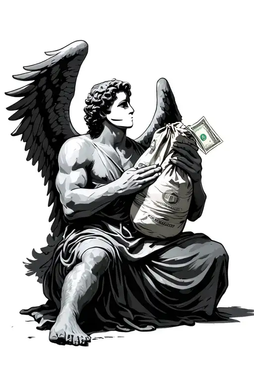 Angel With A Bag Of Dollars In Your Hands With Tickets To His Foot With 2 Clow Mask On His Side