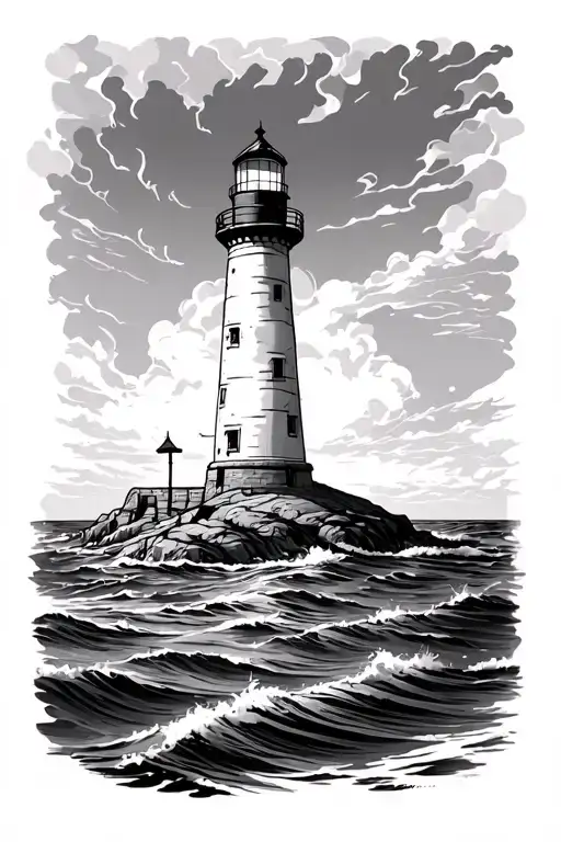 Lighthouse In The Sea With Sketch Style Tattoo Style Landscape