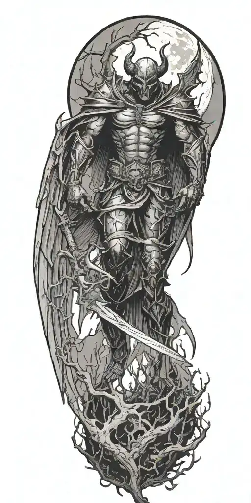 Demon Knight Cutting Off His Wings In The Woods During Dark Night With A Full Moon