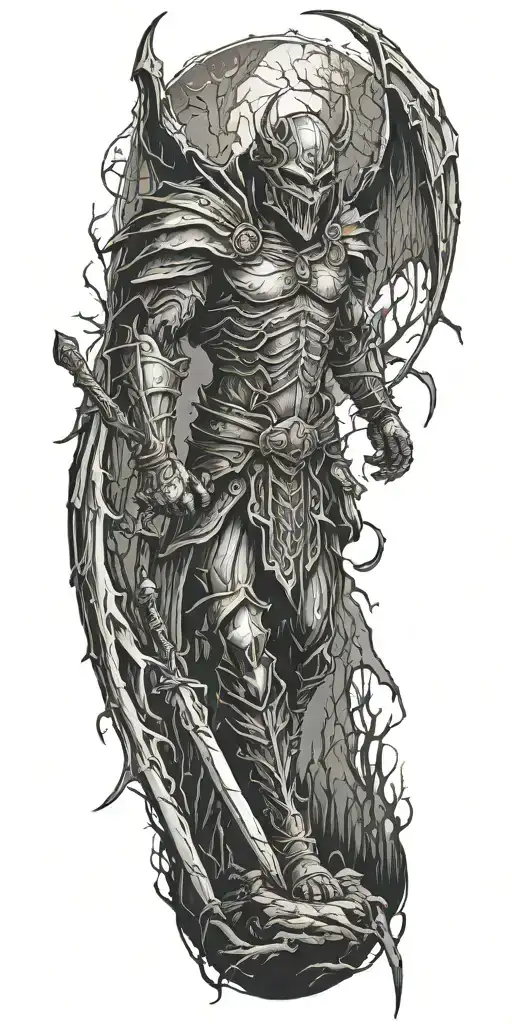 Demon Knight Cutting Off His Wings In The Woods During Dark Night