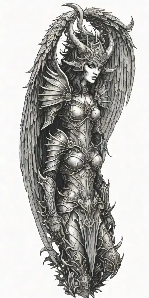 Demon Queen In Armor With Wings In The Woods During Dark Night