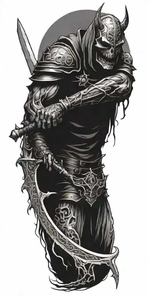 Demon Knight Holding Sword Surrounded With Dead Bodyes