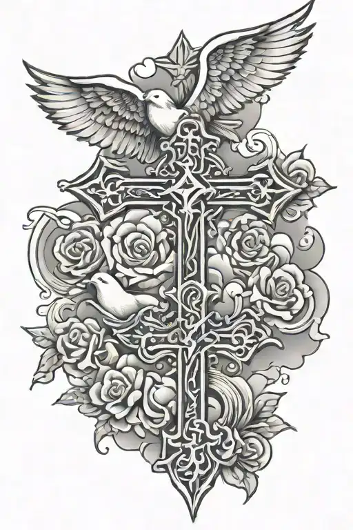 Christian Cross With Doves And Clouds