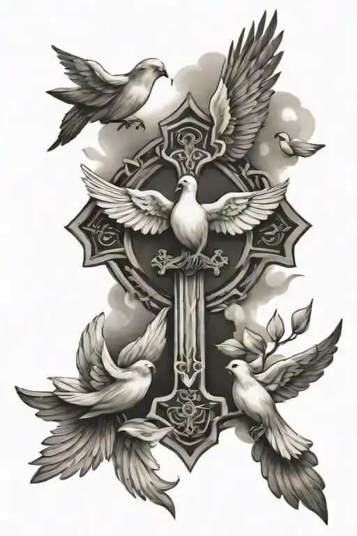 Christian Cross With Doves Flying