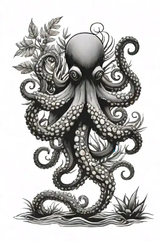 Octopus Hiding In Underwater Plants Intertwined