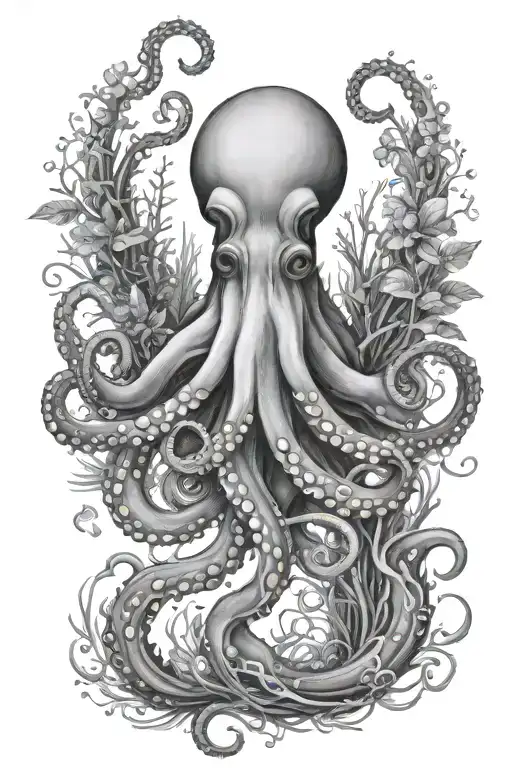 Octopus Hiding In Underwater Plants Intertwined