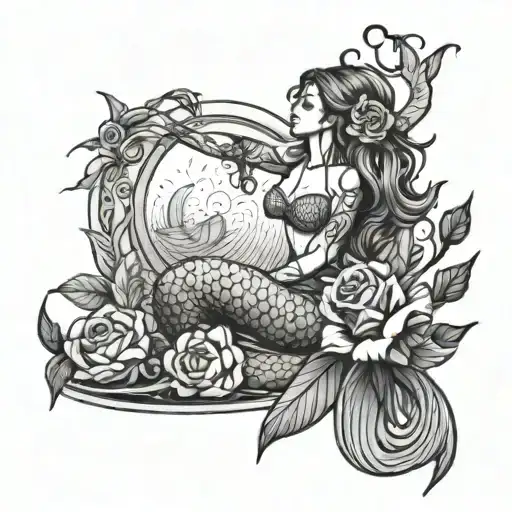 Black And White Line Work Mermaid Reaching For The Sun With A Rose In Her Hair No Background