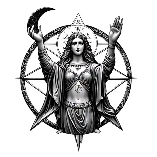 Pentagram With A Goddess Figure Holding A Crescent Moon Above Her Head