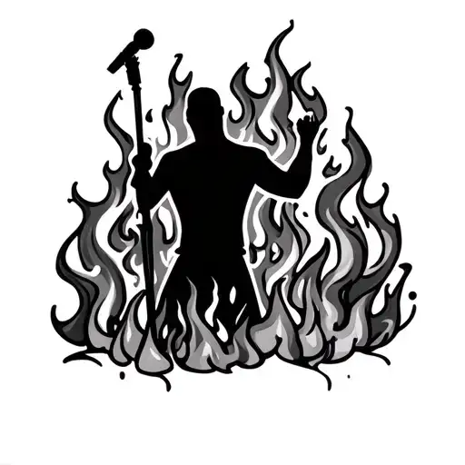 All Black Sillouhette Stood In A Fire With A Microphone In Front Of Him