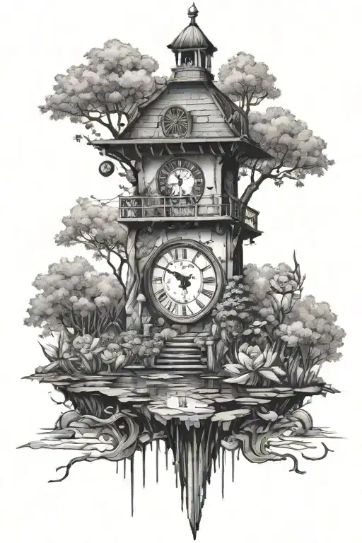 Clock Tower Nature Pond Trees Flowers