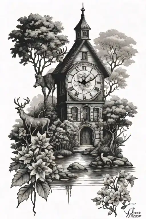 Clock Tower Nature Pond Trees Flowers Deer