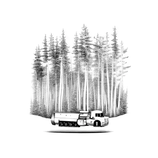 Kenworth Hauling A Dozer Through The Trees With A Drilling Rig In The Background