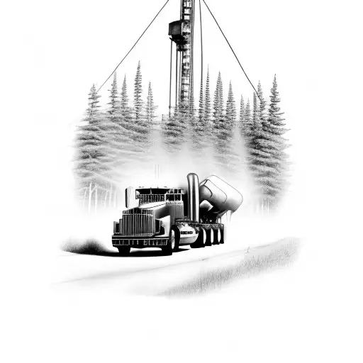 Kenworth Hauling A Dozer Through The Trees With A Drilling Rig In The Background