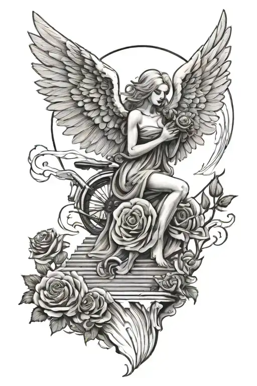 Crying Angel Holding A Black Rose And A Motorcyclist Walking The Stairway To Heaven
