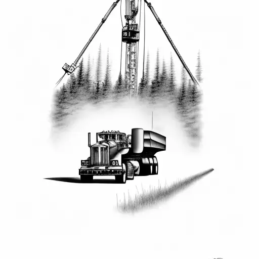 Kenworth Hauling A Dozer Through The Trees With A Drilling Rig In The Background