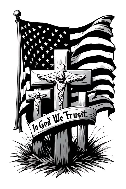 Three Crosses With An American Flag In The Background That Says In God We Trust