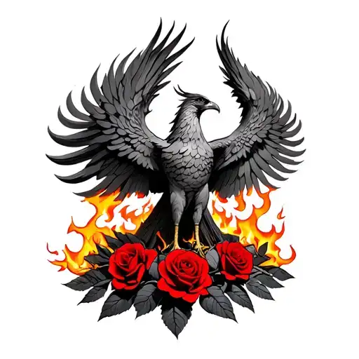 Phoenix Rising From The Ashes With Red Roses Burning
